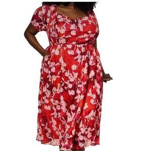 Torrid Midi Cotton Clip Dot Lace Up Short Sleeve Smocked Red Dress, 2, 2X, 18/20